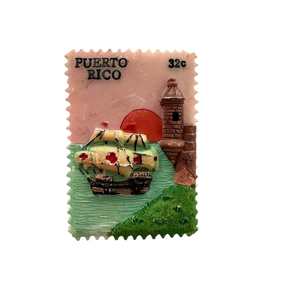 Puerto Rico Postage Stamp 3D Resin Fridge Magnet Sailing Ship Watchtower 32c